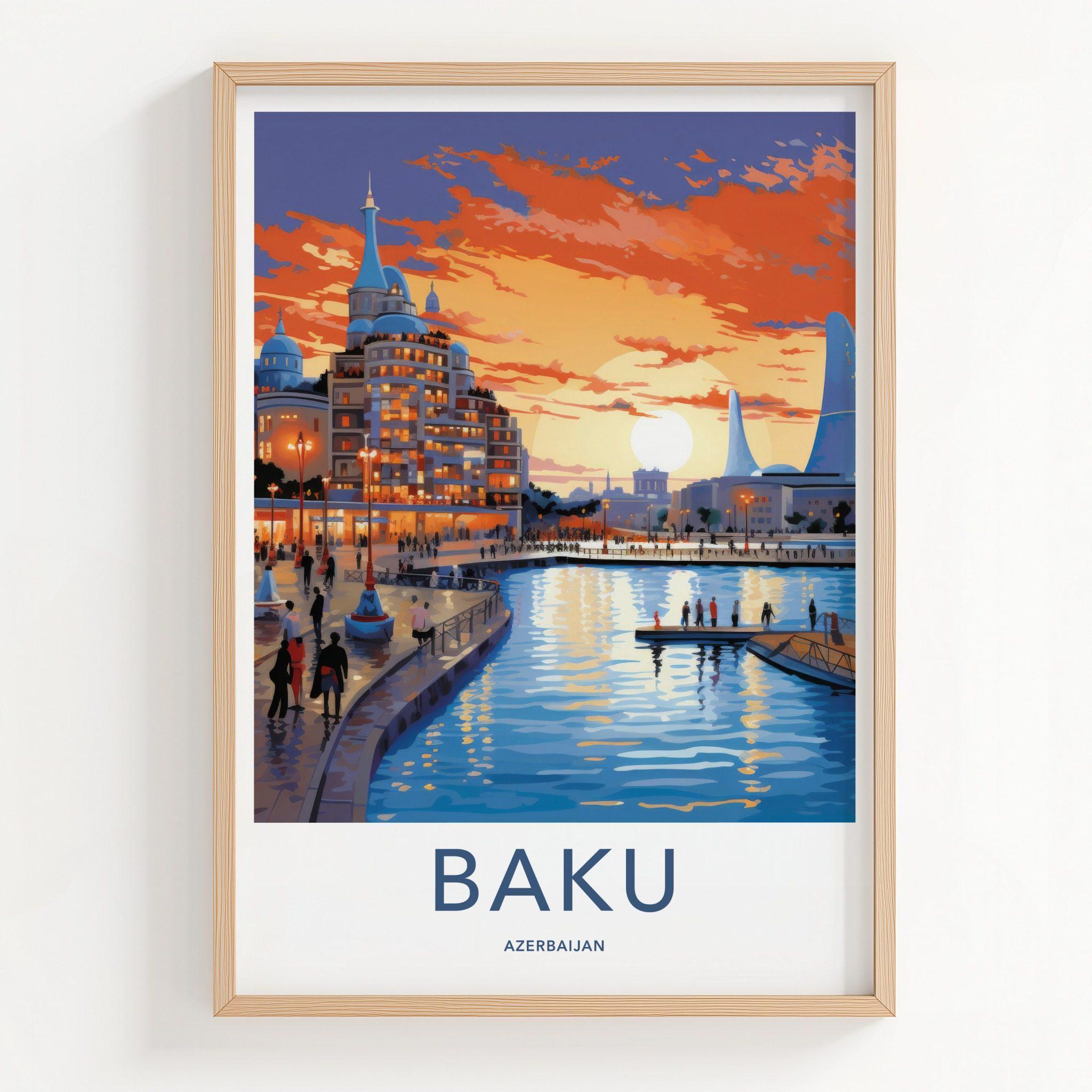 Baku Azerbaijan Illustration, Cityscape Art Print, Travel Poster