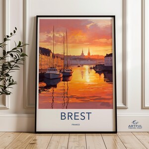 Arte de parede de Brest, França, impressão de viagem, pintura de pôr do sol, arte de barco, paisagem urbana, decoração costeira, presente, arte da Bretanha, França, arte de parede da França, cidade
