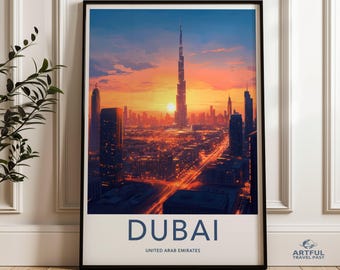 Dubai Skyline Wall Art, Sunset Cityscape Print, Urban Landscape Poster, Modern Home Decor, Burj Khalifa Artwork, City Lights Art