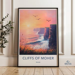 Malerische Cliffs of Moher Sonnenuntergang Wand Kunst Druck, Irland Landschaft Kunstwerk, Meerlandschaft mit Vögel, Atemberaubende Ozean Blick Dekor