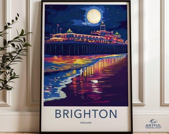 Brighton England Wall Art, Brighton Pier Under Moonlight, Seaside Nightscape Print, Colorful Beach Reflection Decor