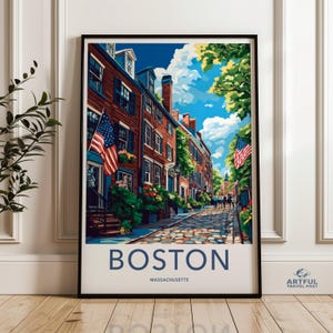 Boston Cityscape Wall Art Print, Vibrant Boston Street Scene Illustration, Historic Boston Architecture Poster, Urban Home Decor