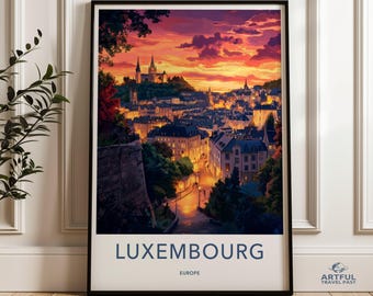 Luxembourg Wall Art, Europe Travel Poster, Cityscape Art Print, European Travel, Sunset Landscape, Cathedral Art, Home Decor, Gift Idea