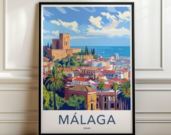 スペイン、マラガのウォールアート、旅行ポスタープリント、地中海の街並みアートワーク、海岸装飾、建築イラスト