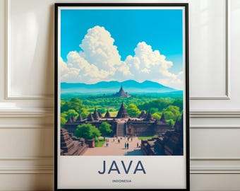 Reisposter van Java, Indonesië, vintage reisdecoratie voor aan de muur, decoratie voor Zuidoost-Azië, unieke print van Indonesië, kunstwerk van het eiland Java