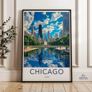 Skyline della città di Chicago, stampa del paesaggio urbano di Chicago Illinois, opera d'arte del centro di Chicago, paesaggio urbano di Chicago, decorazione murale panoramica