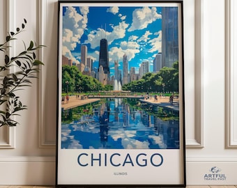 Chicago City Skyline Wandkunst, Chicago Chicago Landschaft Druck, Chicago Innenstadt Kunstwerk, Chicago Stadtbild, Malerisches Wanddekor