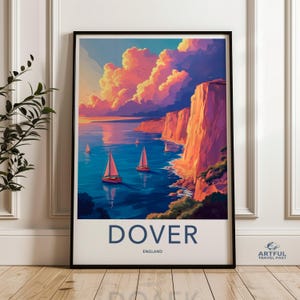 Dover England Sunset Sailboats Scenic Coastal Cliff Wall Art, Seascape Print, Nautical Decor, Beach Landscape Painting