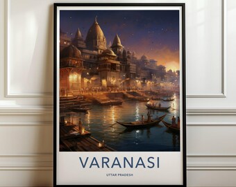 Varanasi Wall Art, Historical Cityscape Print, Sunset at Ghats, Cultural Landmark Poster, Indian Heritage Artwork, Romantic City View