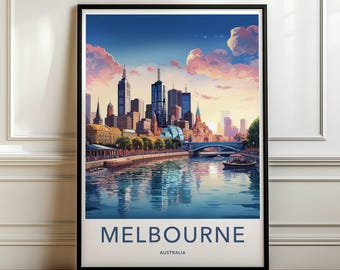 Könnte beinhalten: Ein gerahmter Kunstdruck mit einer stilisierten Illustration der Skyline von Melbourne, Australien, bei Sonnenuntergang. Das Bild zeigt Wolkenkratzer, eine Brücke über einen Fluss und Boote, mit dem Text MELBOURNE AUSTRALIA am unteren Rand.