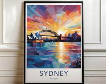 Väggkonst i Sydney Australien, färgglatt tryck med Sydney Harbour, modernt brokonstverk, unikt australiskt stadslandskap, livfullt dekortryck