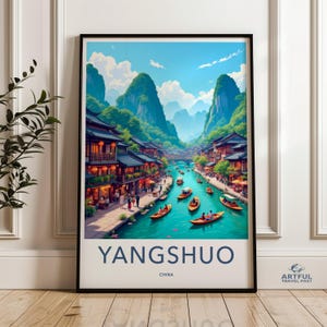 Yangshuo China Wall Art, Vibrant Townscape, Scenic River View, Asian Inspired Decor, Travel Poster, Landscape Print, Home Decoration