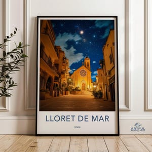 Lloret de Mar Wand Kunst Druck, Malerische Nachthimmel Kirche Poster, Spanien Reise Dekor, Sternenklare Nacht Kunstwerk, Europäische Stadtansicht