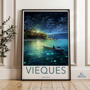 Decorazione murale di Vieques, Porto Rico, stampa di spiaggia tropicale, vista notturna panoramica sull'oceano, paesaggio sereno dell'isola, arredamento per la casa