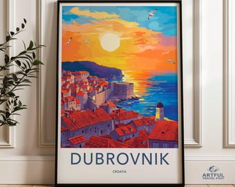 Dubrovnik Wall Art, Croatia Travel Poster, Mediterranean City Print, Sunset Coastal Artwork, Seaside Decor, Beach House Wall Art