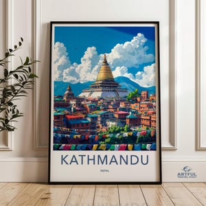 Colorful Kathmandu Wall Art, Nepal Cityscape, Stunning Temple Illustration, Kathmandu Poster, Travel Art, Nepalese Architecture Decor