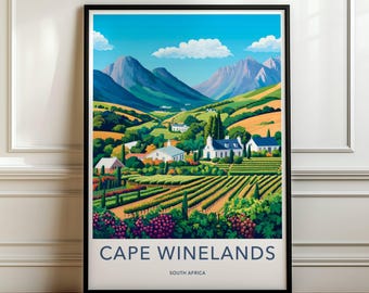 May include: A framed travel poster featuring a vibrant landscape of the Cape Winelands in South Africa, with rows of grapevines, white houses, and rolling mountains under a bright blue sky. The text reads CAPE WINELANDS SOUTH AFRICA.