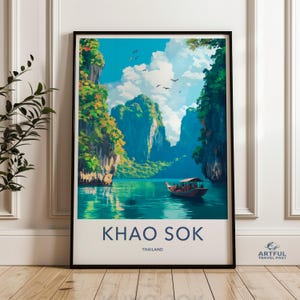 Khao Sok Thailand Nature Wall Art, Scenic Landscape Poster, Tropical River View, Travel Destination Print, Boat in Lagoon Decor