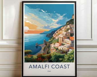 Amalfiküste Wand Kunst, Italien Reise Poster, Sonnenuntergang Küstendruck, Malerische Aussicht auf das Meer, Stadt Landschaft Wand Dekor