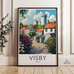 Visby Sweden Travel Poster, Scandinavian Wall Art, Colorful Historic Town Print, European Landscape Decor, Summer Path Artwork