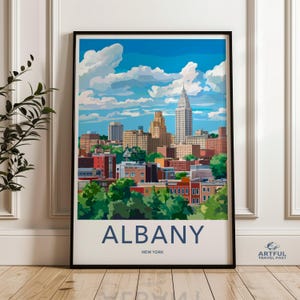 Impressão de arte de parede Albany Skyline, pôster da paisagem urbana de Nova York, decoração vibrante para casa, arte urbana moderna, decoração de parede de escritório, pronto para pendurar