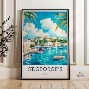 St. George&#39;s Bermuda Wall Art, Colorful Coastal Town Painting, Tropical Island Decor, Nautical Harbor Scene, Caribbean Travel Poster