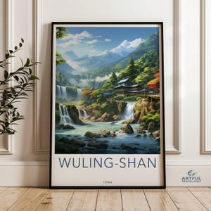 Wuling-Shan kunst aan de muur, schilderachtig Chinees berglandschap, Aziatisch geïnspireerde woondecoratie, natuurprint, waterval schilderij, serene wanddecoratie