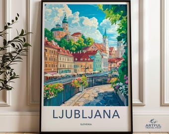 Poster Ljubljana Slovenië, Europese stadsgezicht muurkunst, kleurrijke stad illustratie, reisdecor, stedelijk landschap print