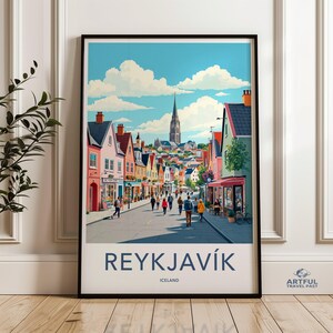 Arte murale di Reykjavik, poster di viaggio in Islanda, opere d'arte di paesaggi urbani nordici, scene di strada vivaci, decorazioni scandinave, illustrazioni urbane