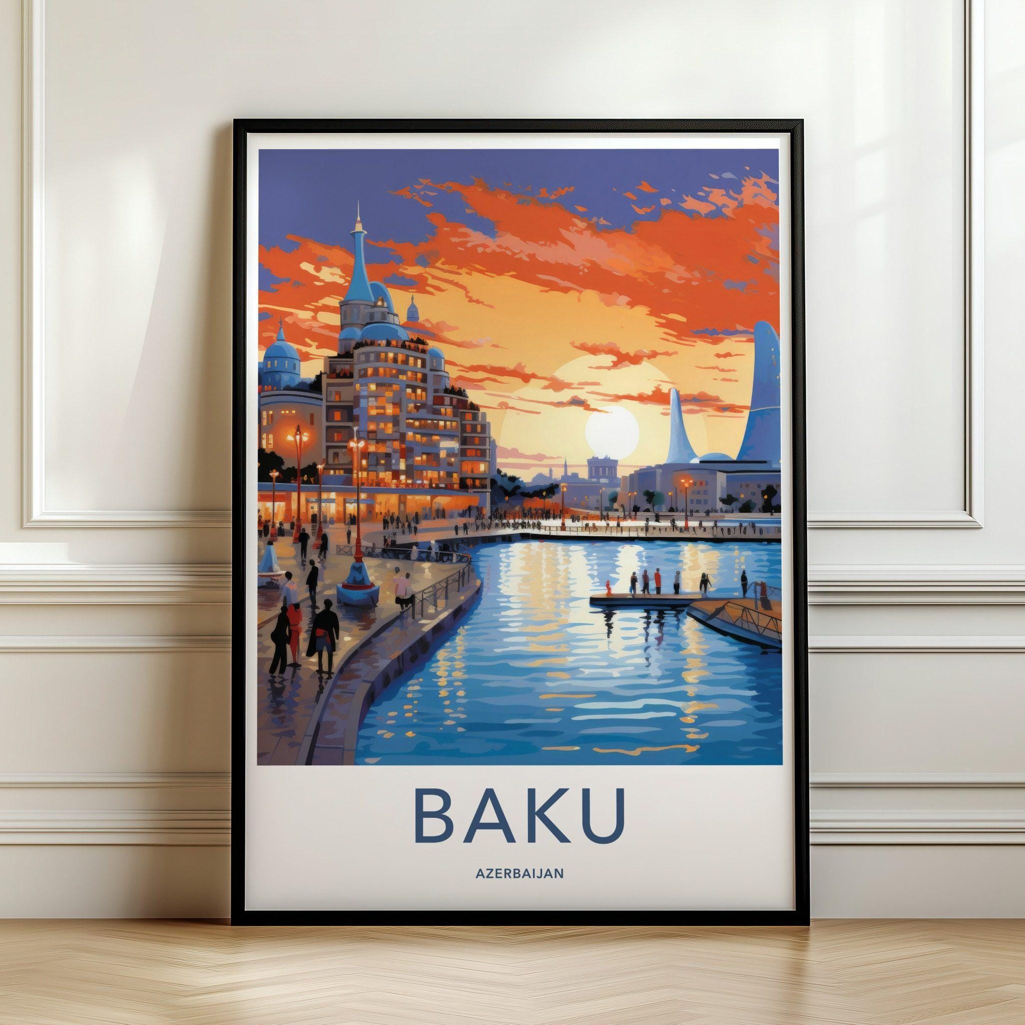 Baku Azerbaijan Illustration, Cityscape Art Print, Travel Poster