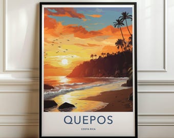 Quadro da parete di Quepos, Costa Rica, poster con tramonto sulla spiaggia, decorazione costiera tropicale, stampa con vista panoramica sull'oceano, arte colorata del paesaggio caraibico