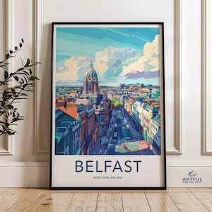 Belfast skyline wall art, Northern Ireland cityscape print, travel poster, vibrant city scene decor, urban illustration