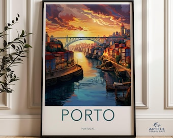 Porto Portugal Wall Art, Cityscape Print of Porto, Sunset Over Douro River, Historical Porto Artwork, Cultural Landmark Illustration