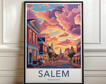 Salem Massachusetts Sonnenuntergang Skyline Wandkunst, New England Kleinstadt Straßenplakat, bunte Wolken und historische Gebäude Druck