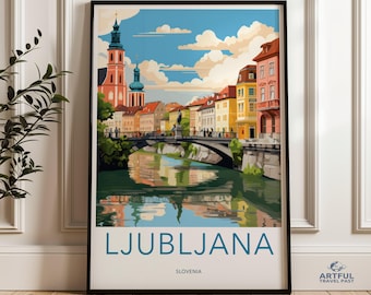 Arte mural de Liubliana, póster de viaje a Eslovenia, impresión de un encantador paisaje urbano, destino histórico europeo, decoración vibrante para el hogar, obra de arte urbana