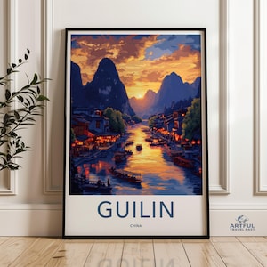 Guilin China Wall Art, Sunset River Boats Print, Oriental Landscape Painting, Scenic City Canvas, Asian Decor