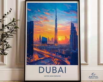 Dubai Skyline Wall Art, Cityscape Print, Dubai Poster, Modern Home Decor, Burj Khalifa Artwork, Sunset City View, UAE Decor