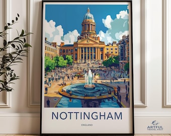 Nottingham Cityscape Wall Art Poster, Historic Nottingham Artwork, England Travel Print, Architectural Landmark Decor
