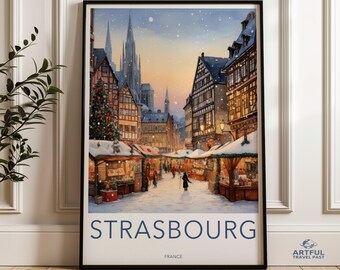 Strasbourg France Wall Art, European Winter Landscape Print, Christmas Market Scene, Historic City Architecture, Holiday Decor