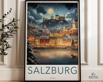 Salzburg Wall Art, Austria Travel Poster, Scenic City Print, European Architecture Decor, Historic Landmark Artwork, Winter Wonderland