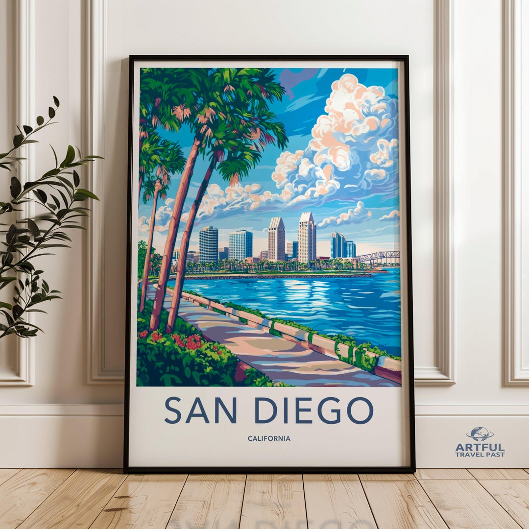 San Diego Wall Art Print, California Skyline Poster, Coastal Cityscape ...