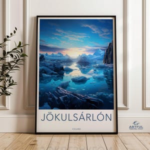 Splendida stampa murale raffigurante un ghiacciaio islandese, stampa del paesaggio di Jokulsarlon, poster di un paesaggio marino ghiacciato, splendido scenario nordico, opera d'arte naturalistica