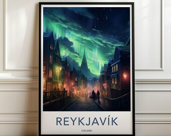 May include: A framed vertical poster featuring a digital illustration of a street in Reykjavík, Iceland, under a vibrant green aurora borealis. The scene depicts dark buildings, a cobblestone path, and the text REYKJAVÍK ICELAND at the bottom.