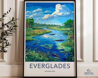 Parque Nacional Everglades, Arte mural escénico, Póster de paisaje, Decoración natural, Impresión de vida silvestre, Cielo azul, Ilustración de vegetación