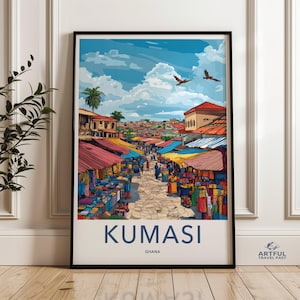 Kumasi Wall Art, Ghana Market Scene Poster, African Street Market Print, Colorful Landscape Illustration, Wall Decor