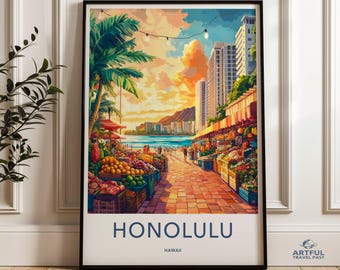 Honolulu Wall Art, Hawaii Print, Beach City Art, Tropical Decor, Island Landscape, Waikiki Artwork, Hawaiian Souvenir, Travel Poster