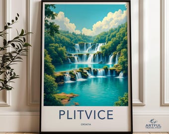 Plitvice national park wall art, Croatia landscape print, nature waterfall poster, scenic travel decor, living room artwork