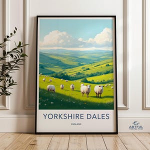 Arte mural de los valles de Yorkshire, impresión de ovejas de la campiña inglesa, póster de exuberantes colinas verdes, decoración de pared natural