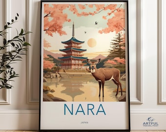 Vintage Nara Travel Poster, Japanese Deer and Pagoda Art, Cherry Blossom Wall Art, Digital Print for Home Decor