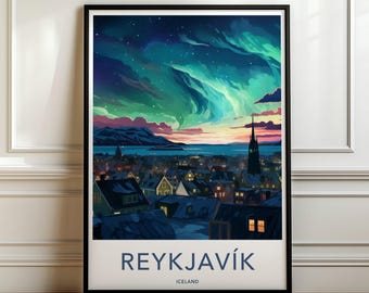May include: A framed wall art print featuring a stylized illustration of the Reykjavik, Iceland cityscape at night. The scene displays a vibrant green aurora borealis above dark buildings, a church spire, and a distant mountain range under a starry sky.